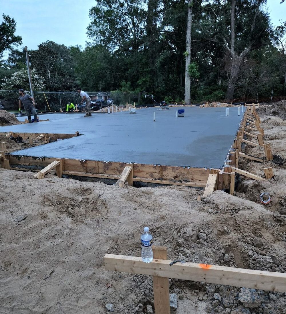 Forms and steel reinforcement set before a residential concrete pour